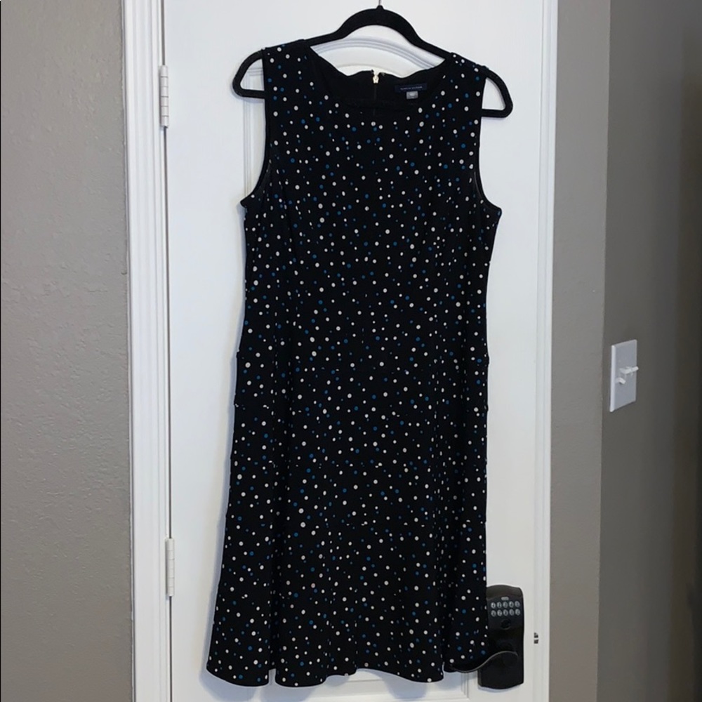 Sleeveless black with blue/white polka dot dress